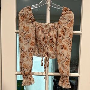 Blush Floral Puff Sleeve Top - Cream and Brown size M